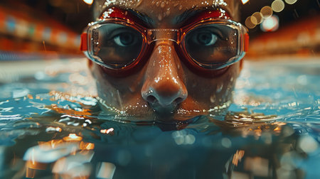 Close-up portrait of a swimmer in a swimming poolの写真素材