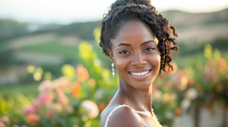 Portrait of an African American woman in a wedding dress in a white dress with flowers against a background of greenery.の素材