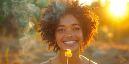 Portrait of an African American woman roasting marshmallows on a stick, laughs with delight as she watches them turn golden brown, the sweet scent filling the air with anticipationの素材