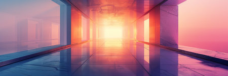 Futuristic corridor with glowing lights and reflections, 3d renderingの素材