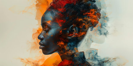 Portrait of a beautiful African American woman with red and blue smoke on her faceの素材