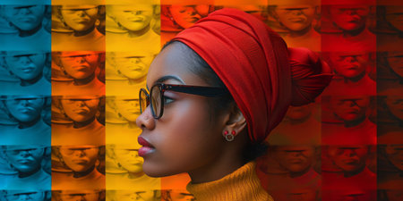 Portrait of a beautiful African American woman wearing a turban and glassesの素材