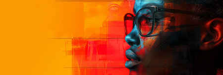 Double exposure portrait of a man with glasses and a colorful background.の素材