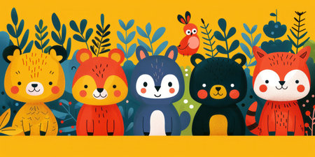 Cute cartoon animals in the forest. Illustration Flat designの素材