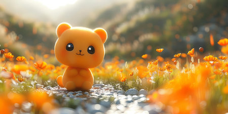 Teddy bear on the meadow with orange poppies.の素材