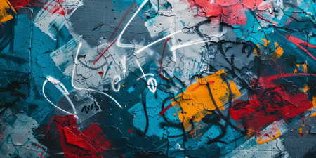 Fragment of colored graffiti painted on a concrete wall. Abstract background for design.の素材