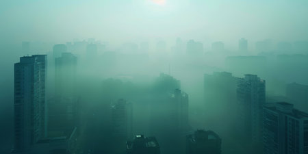 Foggy cityscape. Panorama of foggy city.の素材