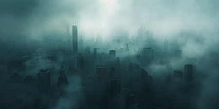 Panoramic view of the foggy city. 3D renderingの素材