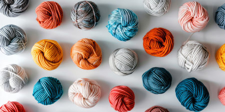 Multicolored skeins of yarn on white background, top viewの素材