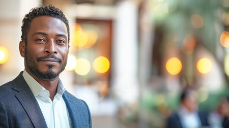 Portrait of handsome African-American businessman in the city at nightの素材