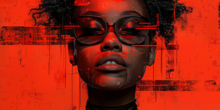 African american woman with afro hairstyle and glasses on grunge backgroundの素材