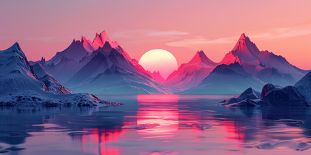 Pink sunset casting a warm glow over majestic mountains and serene water.の素材