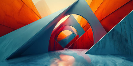 Bold abstract painting featuring vibrant colors on a blue and red background.の素材