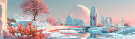 A snowy scene featuring a bridge crossing a river surrounded by trees in a winter landscape.の素材