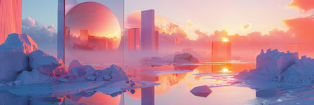 In this abstract portrayal, the sun sets against a backdrop of towering icebergs. The sky is a mix of warm and cool tones, creating a striking contrast with the icy structures in the distance.の素材