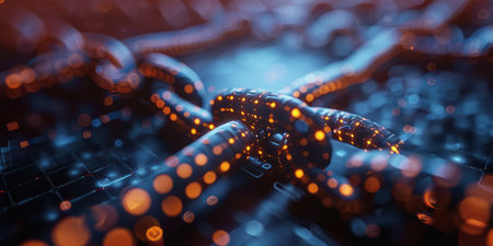 A detailed view of a chain dominates the frame against a dark background. Each link is clearly visible, showing its industrial and rigid structure.の素材