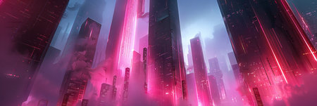 A futuristic cityscape with sleek buildings and neon lights illuminating the night sky. In the distance, pink lights cast a vibrant glow. Hovering vehicles zoom through the air, and pedestrians traverse the bustling streets below.の素材
