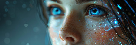 A woman with striking blue eyes and stars painted on her face, creating a whimsical and ethereal look.の素材