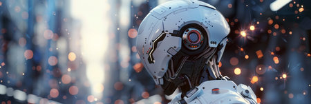 A robot is walking among the urban landscape of a bustling city. With skyscrapers towering in the background, the robots metallic frame contrasts with the concrete and glass surroundings. People on the streets seem curious about this technological marvel.の素材