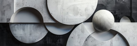 white and black geometric shapes over concrete wall background.の素材