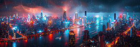 A futuristic city glows brightly against the night sky, with skyscrapers reaching towards the stars and neon lights illuminating the streets below. Flying cars zoom past sleek buildings, while holographic advertisements flicker in the air.の素材