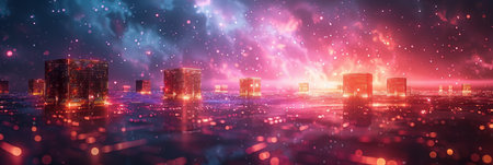 A futuristic city with towering buildings in the background, showcasing a modern urban landscape with advanced architecture and technology. The cityscape depicts a vision of the future where innovation and progress are central themes.の素材