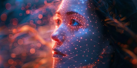 A womans face is covered with a multitude of stars and lights, creating a celestial and otherworldly appearance. The stars and lights seem to be glowing and shimmering against her skin, giving her an ethereal and magical aura.の素材