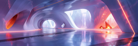 A tunnel illuminated by red and white lights in a futuristic setting.の素材