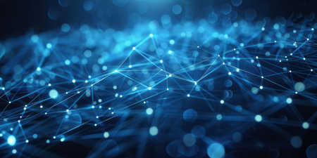 A blue background with a complex network of dots and lines interconnected in a grid-like pattern. The dots are strategically placed at intersecting points of the lines, creating a futuristic and technical visual.の素材