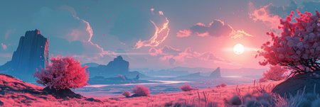 A pink-hued sky casts a warm glow over a landscape dotted with trees, as the sun sets in the background. The silhouettes of the trees stand out against the colorful sky, creating a serene scene.の素材