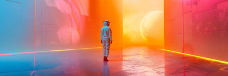 A person is standing in a room painted in vibrant colors, with light streaming through the windows. The individual appears to be looking at something in the distance.の素材