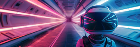 A robot moving through a tunnel illuminated by vibrant neon lights. The robots metallic frame contrasts against the glowing colors, creating a futuristic and sci-fi atmosphere. The tunnel stretches into the distance, leading the eye towards an unknown destination.の素材