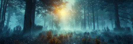 The suns rays pierce through thick fog in a dense forest.の素材