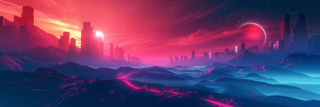 In the futuristic landscape, the sky is tinted in shades of pink and purple, casting a surreal glow over the terrain below. Tall, sleek buildings rise up against the colorful skyline, while hovering vehicles zip through the air. The landscape is dotted with advanced technology and neon lights, giving the scene a distinctly sci-fi feel.の素材