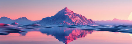 A mountain range with icy peaks and water bodies in the background.の素材