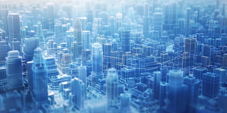 The image showcases a cityscape filled with futuristic buildings, featuring sleek designs and advanced technology. The structures are uniquely shaped, towering high into the sky, creating a modern and innovative skyline.の素材