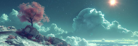 A tree stands tall on top of a hill, surrounded by rolling greenery, against a backdrop of billowing clouds in the sky.の素材