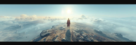 A man stands on a mountain summit, overlooking the vast landscape below.の素材