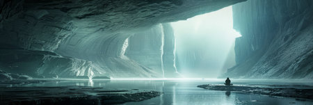 A man stands in the center of a dark cave.の素材