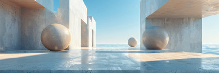 White building stands against ocean backdrop.の素材