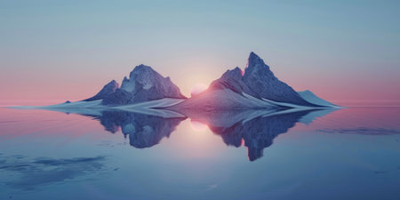 Sun setting, mountains mirrored in water.の素材