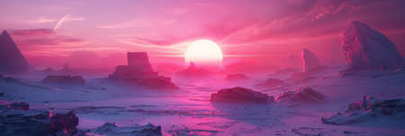 Pink sunrise casting light on snowy scene.の素材