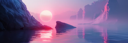 A sunset casting warm hues over a calm lake with a lone rock in the water.の素材