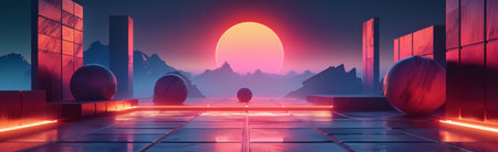 A futuristic setting featuring a glowing sun casting its light on sleek buildings and advanced technology.の素材