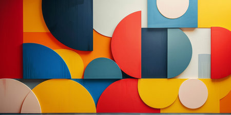 A vibrant wall constructed from a variety of colorful geometric shapes.の素材