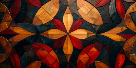 Stained glass wall featuring intricate red, orange, and yellow designs.の素材