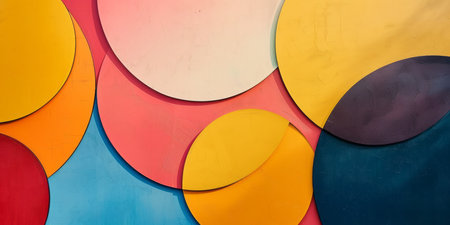 Numerous vibrant circles painted in various sizes on a white wall.の素材