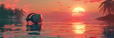 A pair of black headphones floating in the calm water with a vibrant sunset in the background. The sun is setting on the horizon, casting a warm glow across the sky and water.の素材