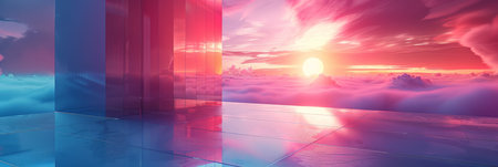 A room with a large window showing a clear blue sky with fluffy white clouds in the background. The room is bright and airy, with sunlight streaming in from the outside.の素材