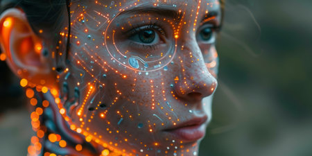 A womans face is illuminated by glowing lights, creating a striking visual effect. The lights highlight her features, casting a warm and mysterious glow on her skin.の素材